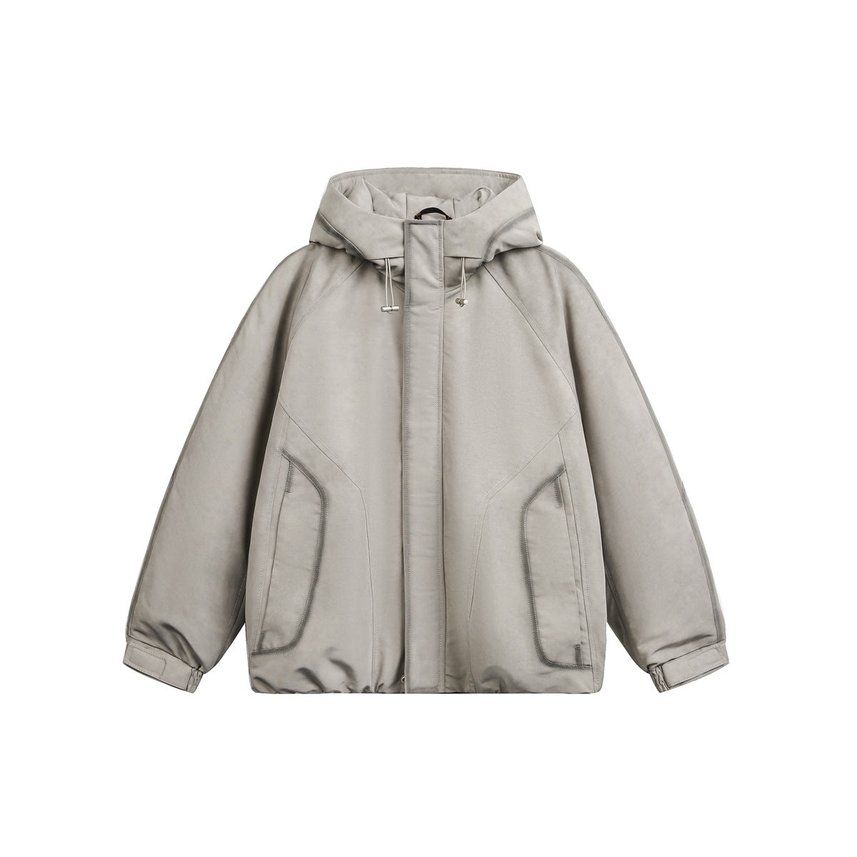 Apricot light taupe hooded jacket flat lay with drawstring hood, concealed placket, raglan sleeves and slanted pockets