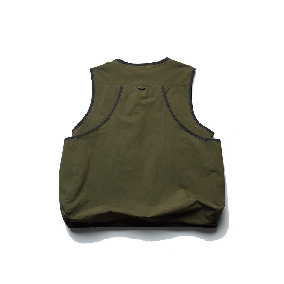 Olive sleeveless utility vest shown from the back with a plain panel, curved seams, and black trim.