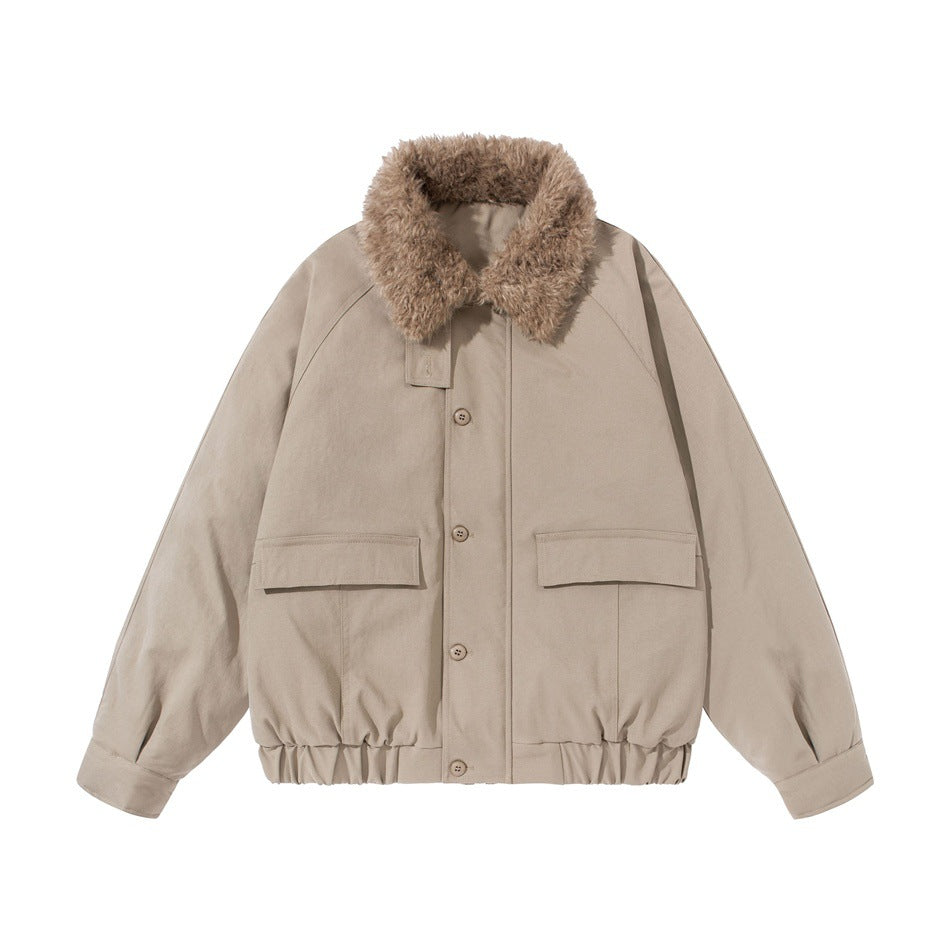 Khaki bomber-style jacket with fluffy faux-shearling collar, flap pockets, button front and elastic hem, flat lay