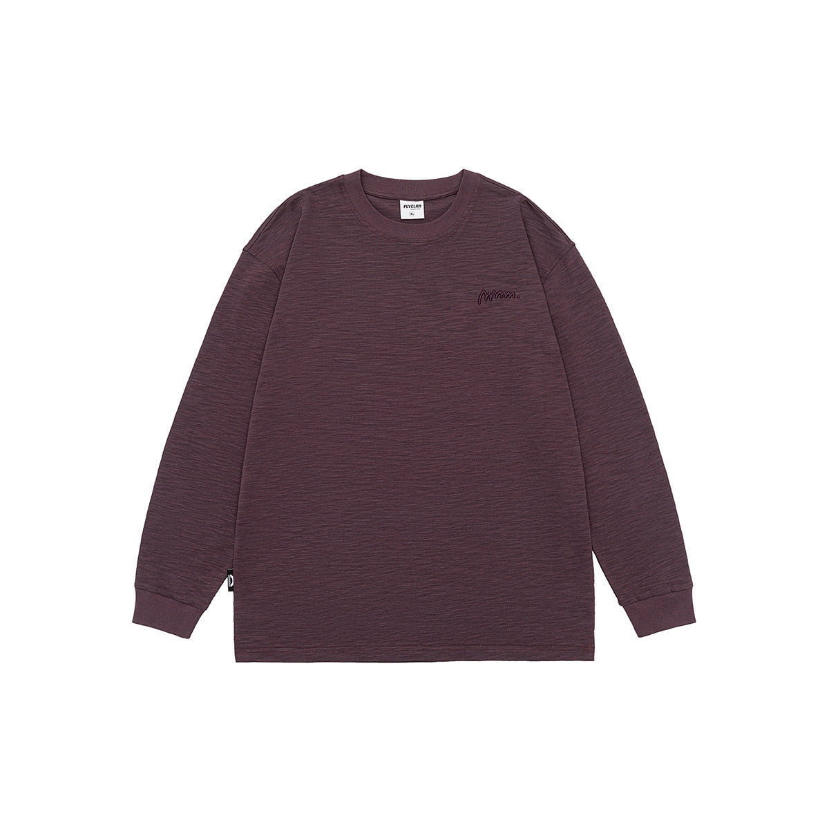Plum purple long-sleeve crew-neck tee with ribbed cuffs and slub texture, flat lay front view
