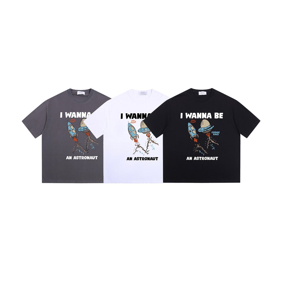 Three short-sleeve T-shirts in gray, white, and black, each with a colorful astronaut-themed front graphic.