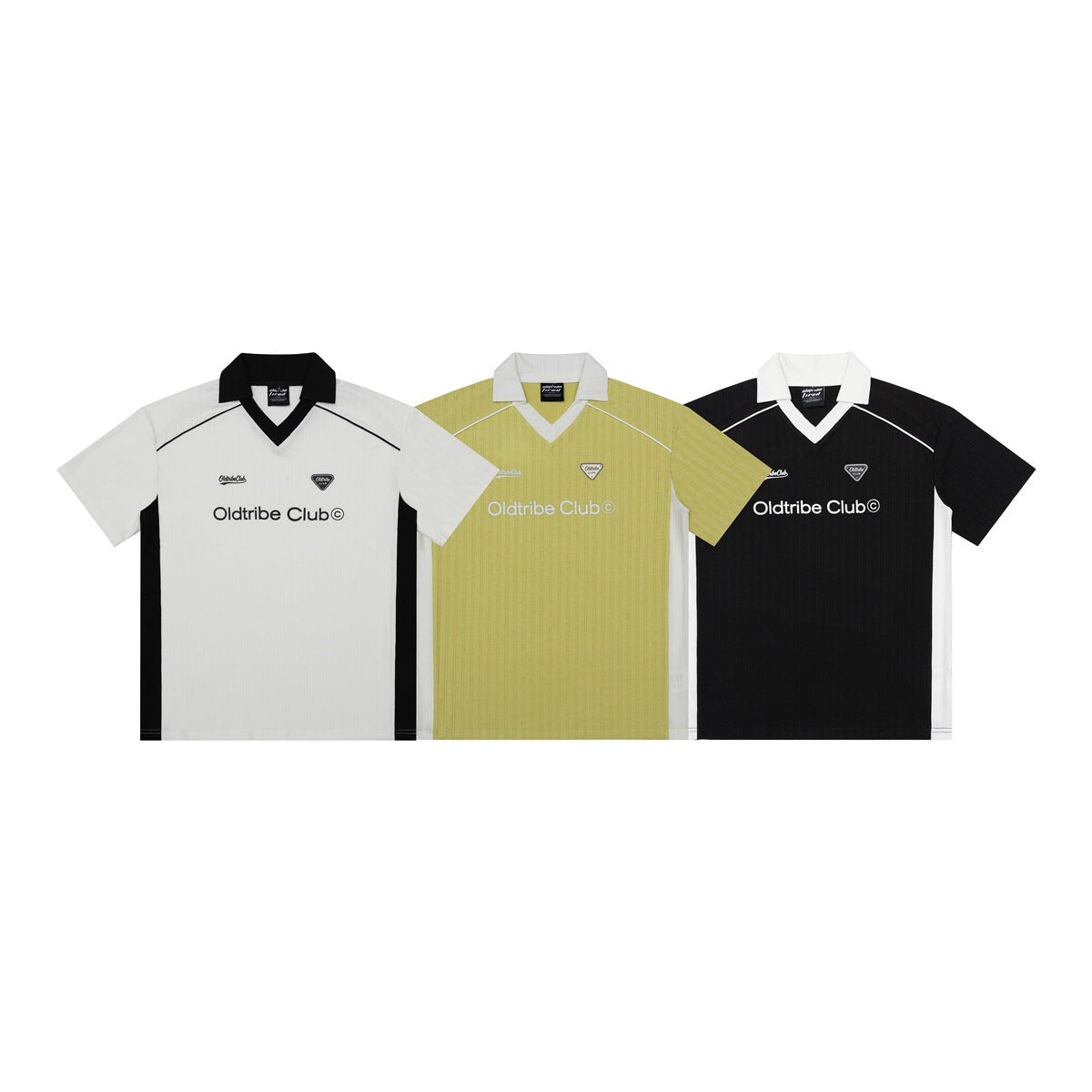 Three short-sleeve collared shirts shown from the front in white and black, lime-yellow and white, and black and white.