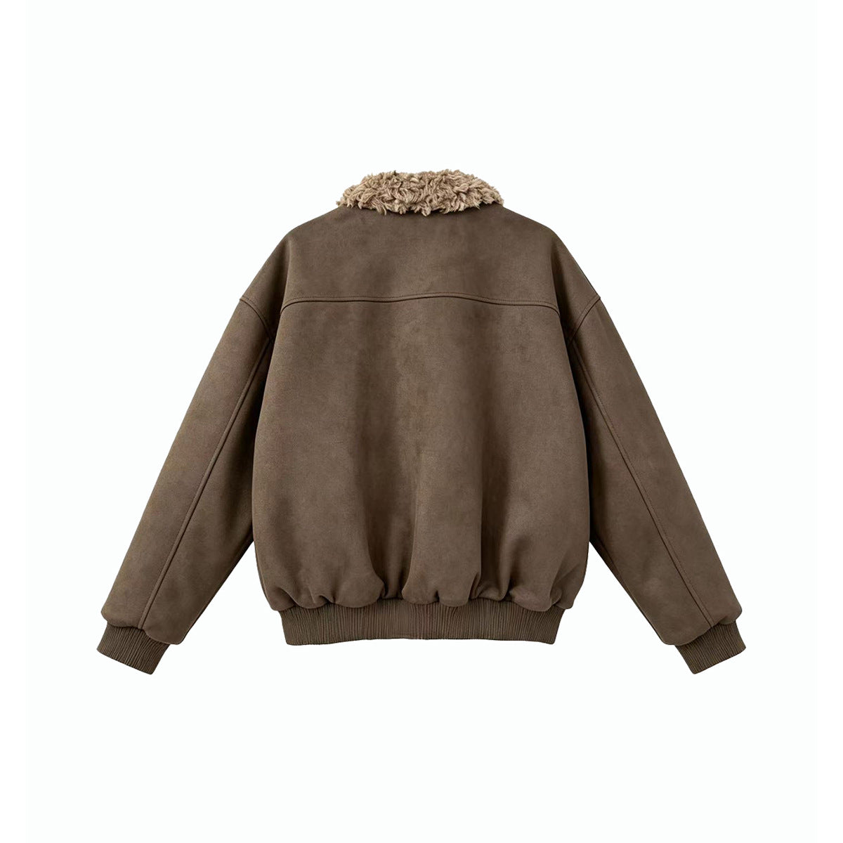 Back view of a dark brown jacket with a plush tan collar, shoulder yoke seam, and ribbed cuffs and hem.