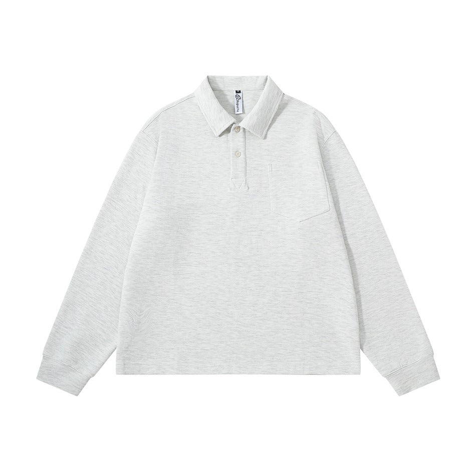Light heather gray long-sleeve polo-collar top with two buttons and chest pocket, flat lay front view
