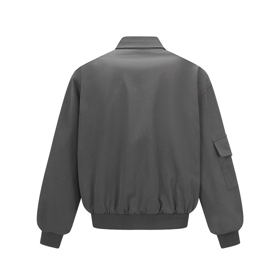 Back view of a charcoal-gray jacket shown flat, with a standing collar, ribbed cuffs and hem, and a sleeve flap pocket.
