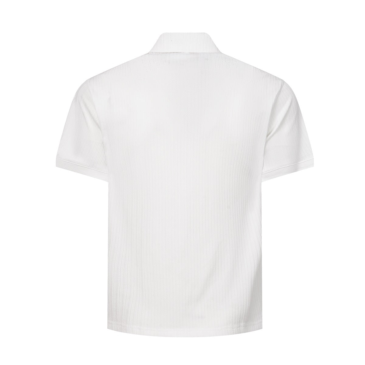 Back view of a white short-sleeve polo shirt with a pointed collar and subtle textured pattern.