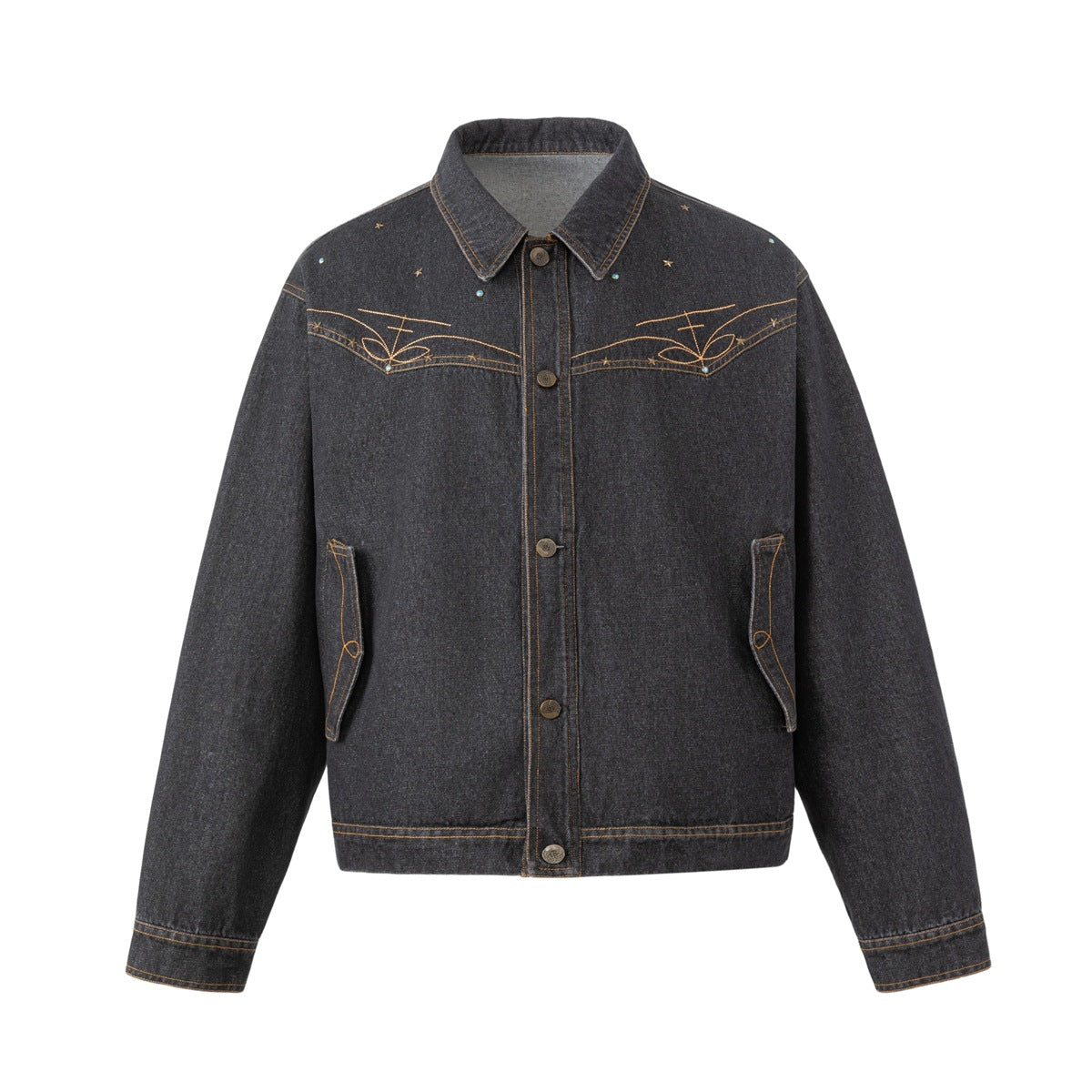 Washed black denim jacket front with gold-brown embroidery on the chest yoke, button front and angled flap pockets