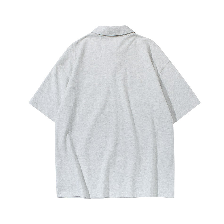 Back view of a light gray short-sleeve polo shirt with a folded collar.