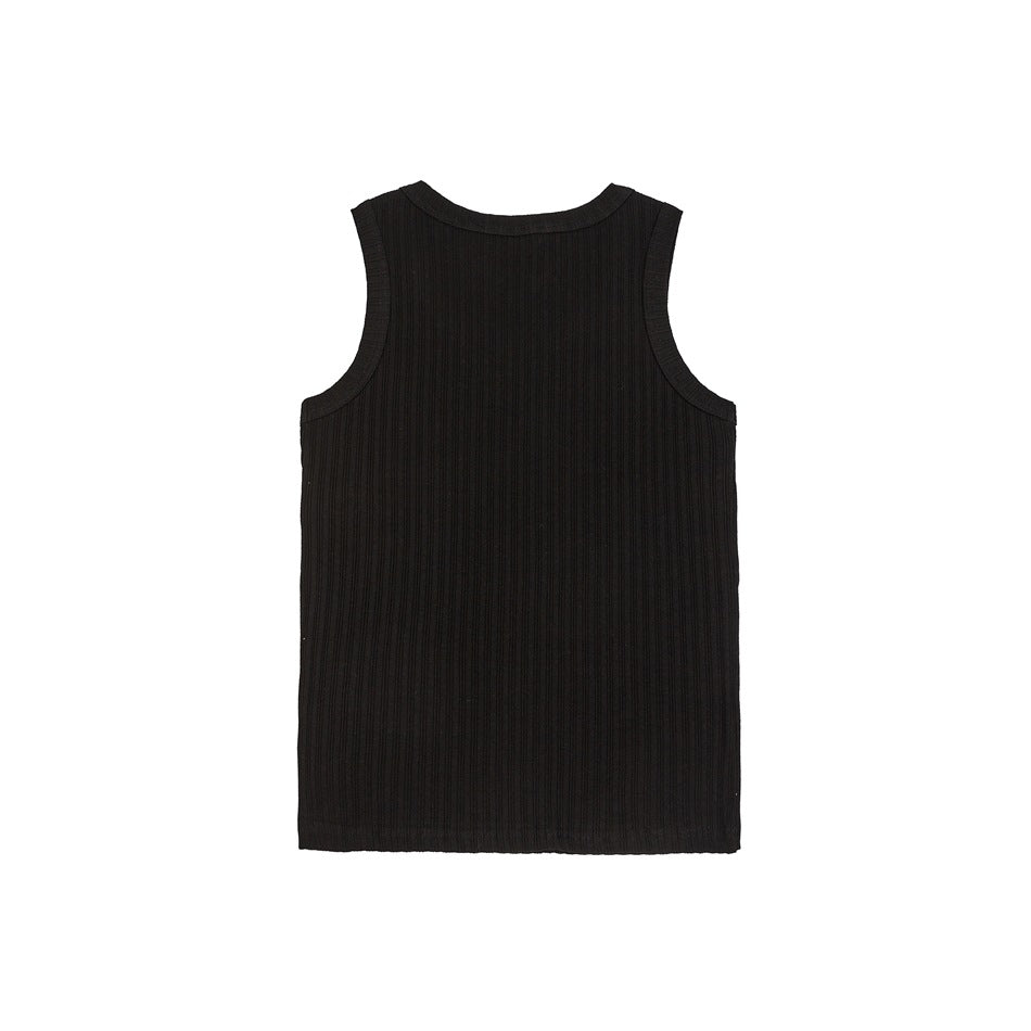 Back view of a black sleeveless ribbed top laid flat against a white background.