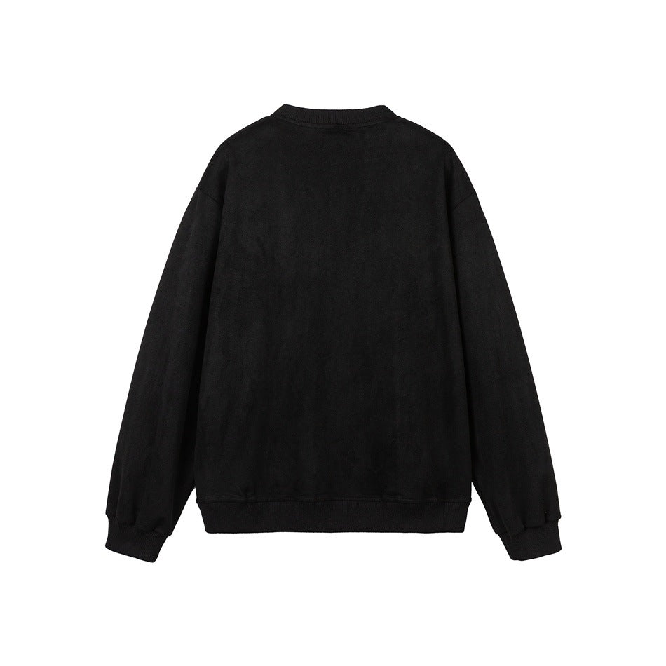 Back view of a black sweatshirt with long sleeves and ribbed collar, cuffs, and hem, shown flat against white.