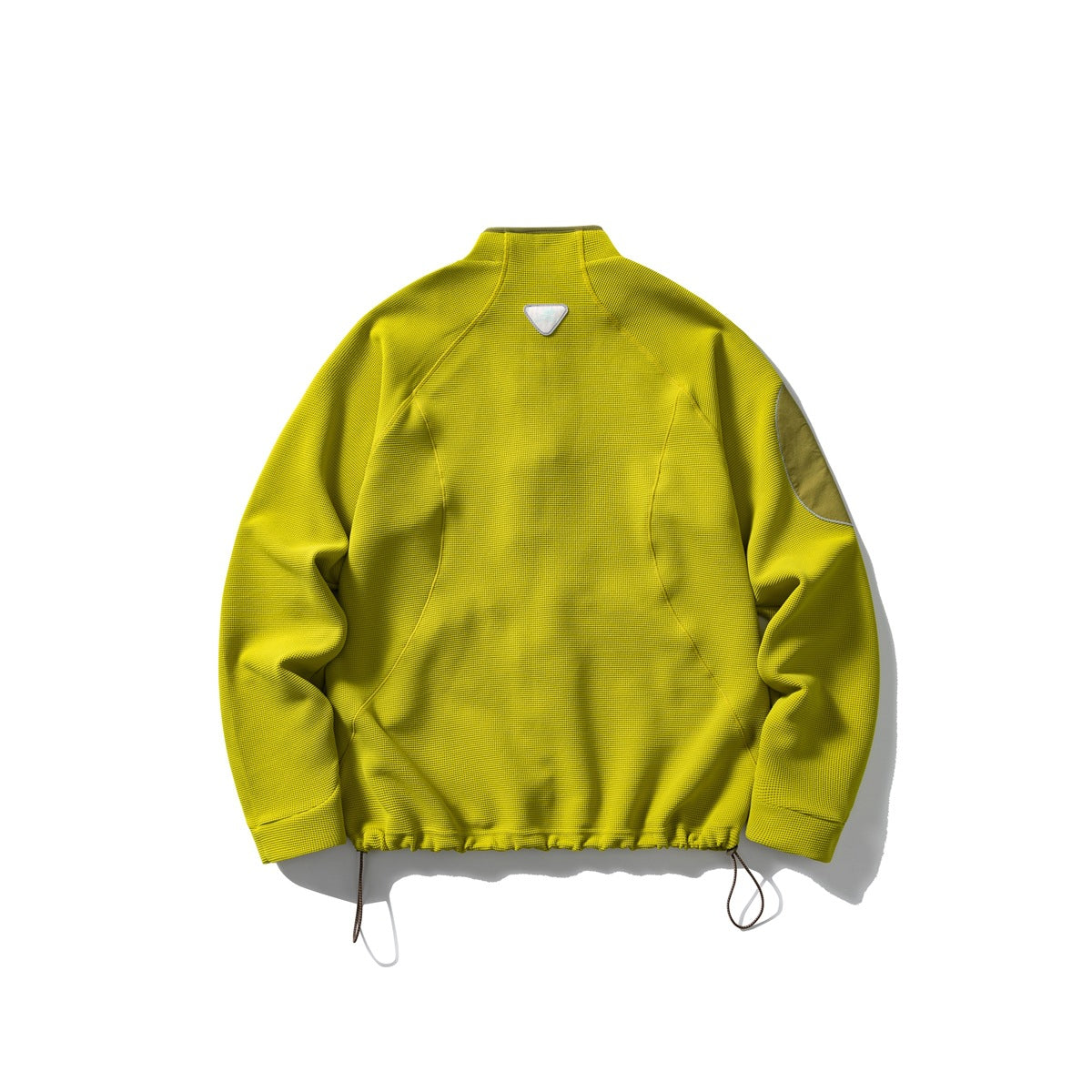 Back view of a bright yellow-green jacket with a stand collar, sleeve patch, curved seams and adjustable hem cords.