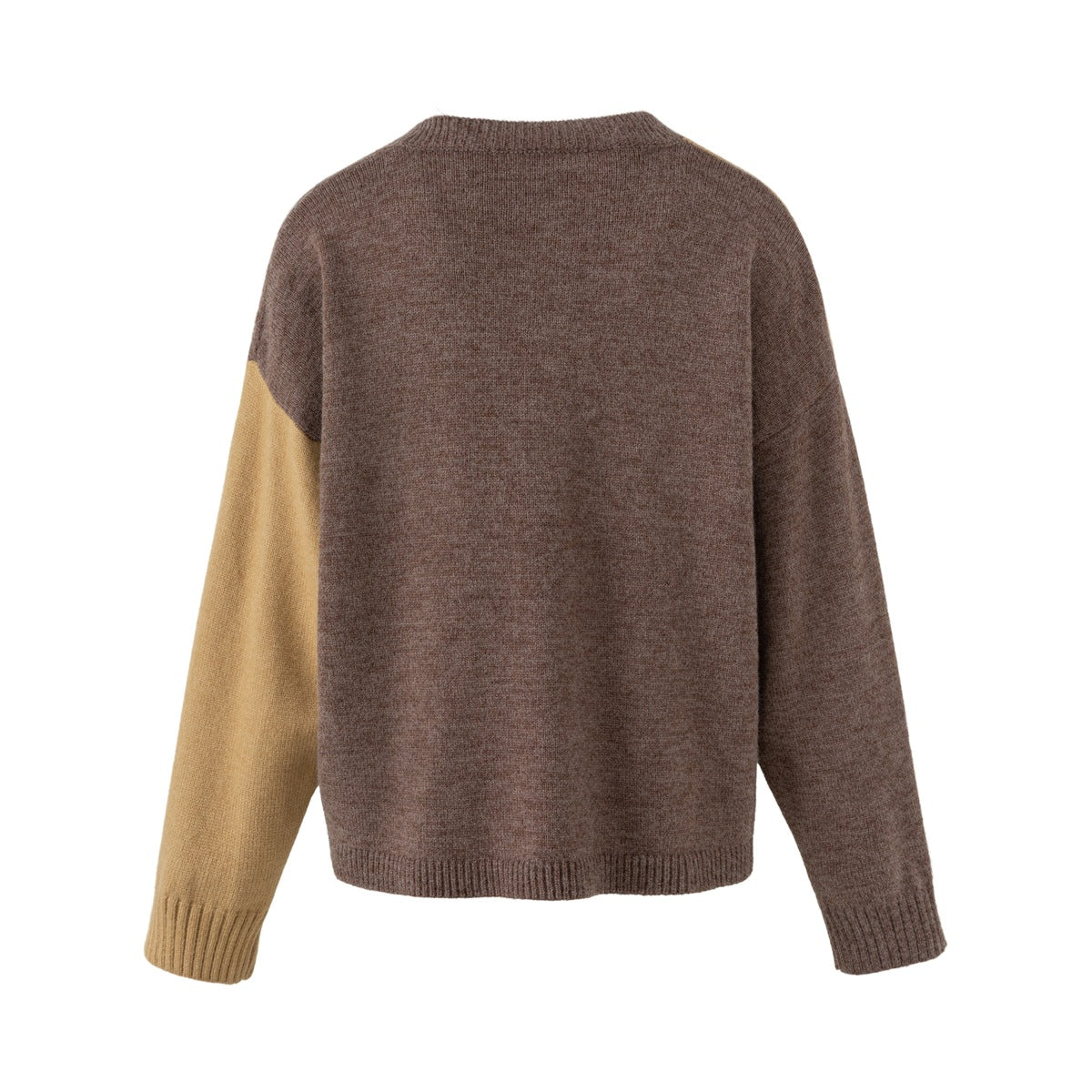 Back view of a brown knit sweater with a contrasting mustard sleeve and ribbed cuffs and hem.