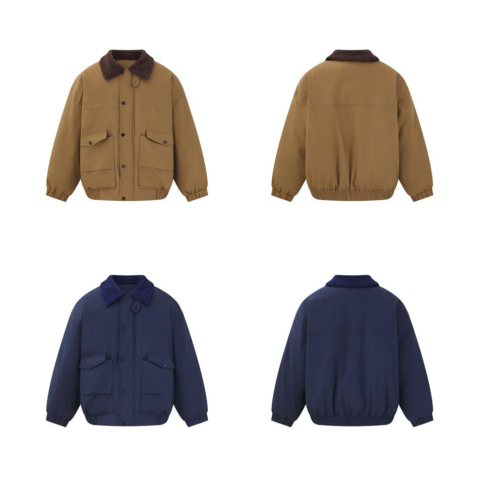 Front and back views of the camel brown and navy blue jackets on a white background, laid out in a grid