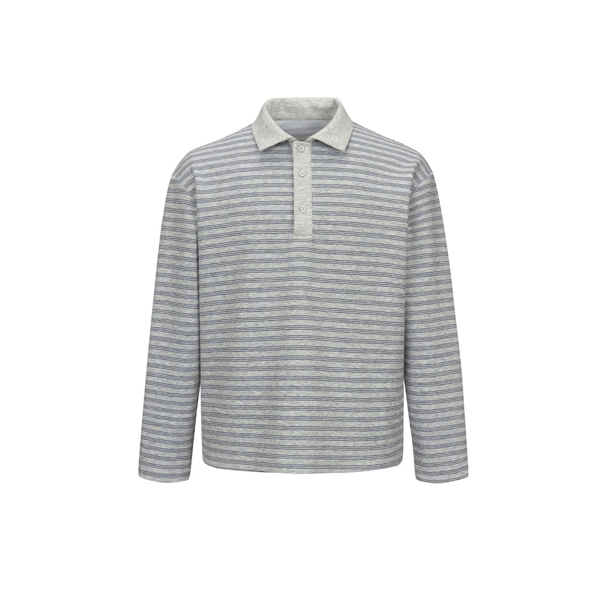 Light gray long-sleeve polo top with navy pinstripes, solid gray collar and three-button placket, front view