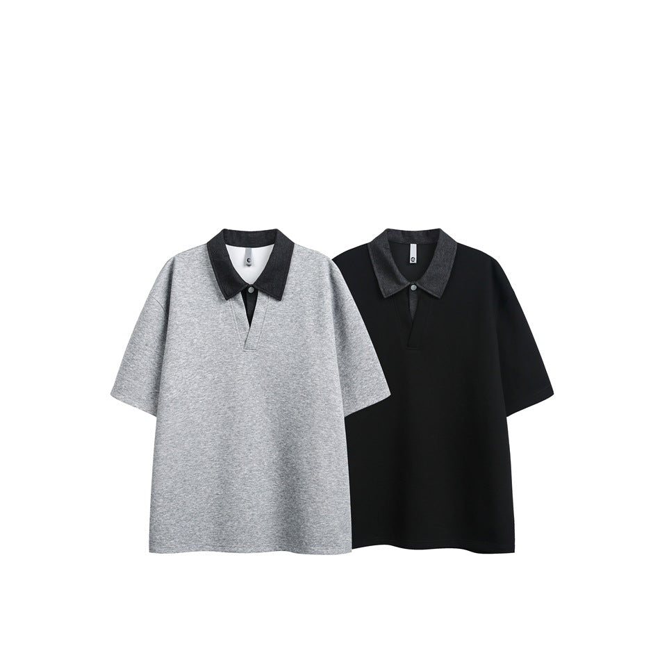 Two short-sleeve polo-style shirts shown side by side in light gray and black, both with contrasting dark collars.
