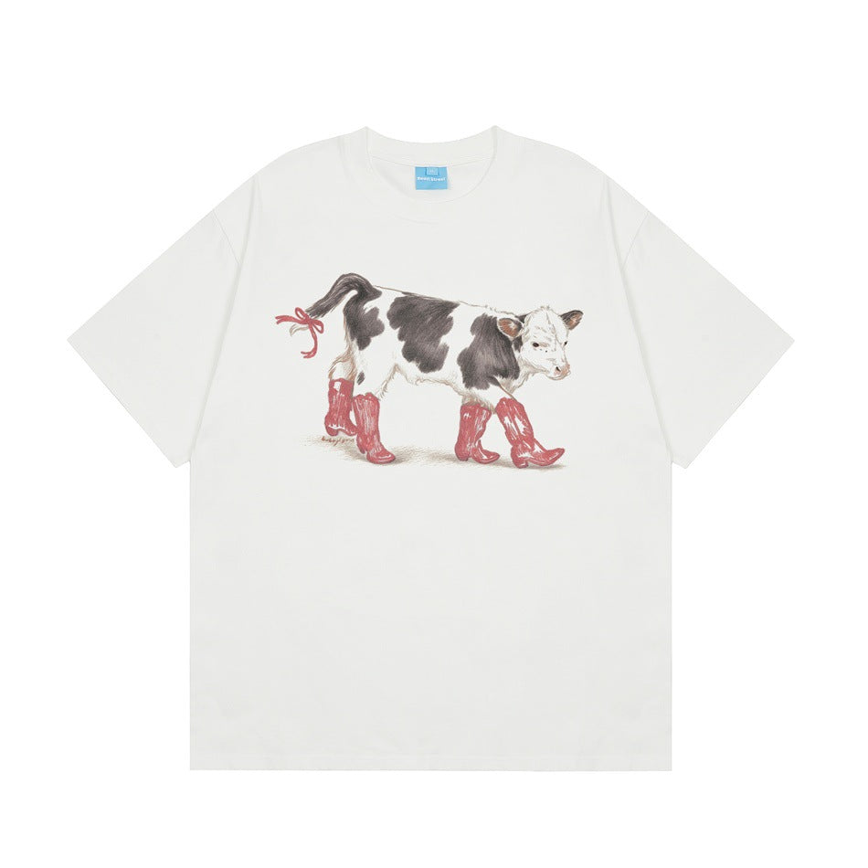 White short-sleeve crew-neck T-shirt with a calf in red cowboy boots print on the chest
