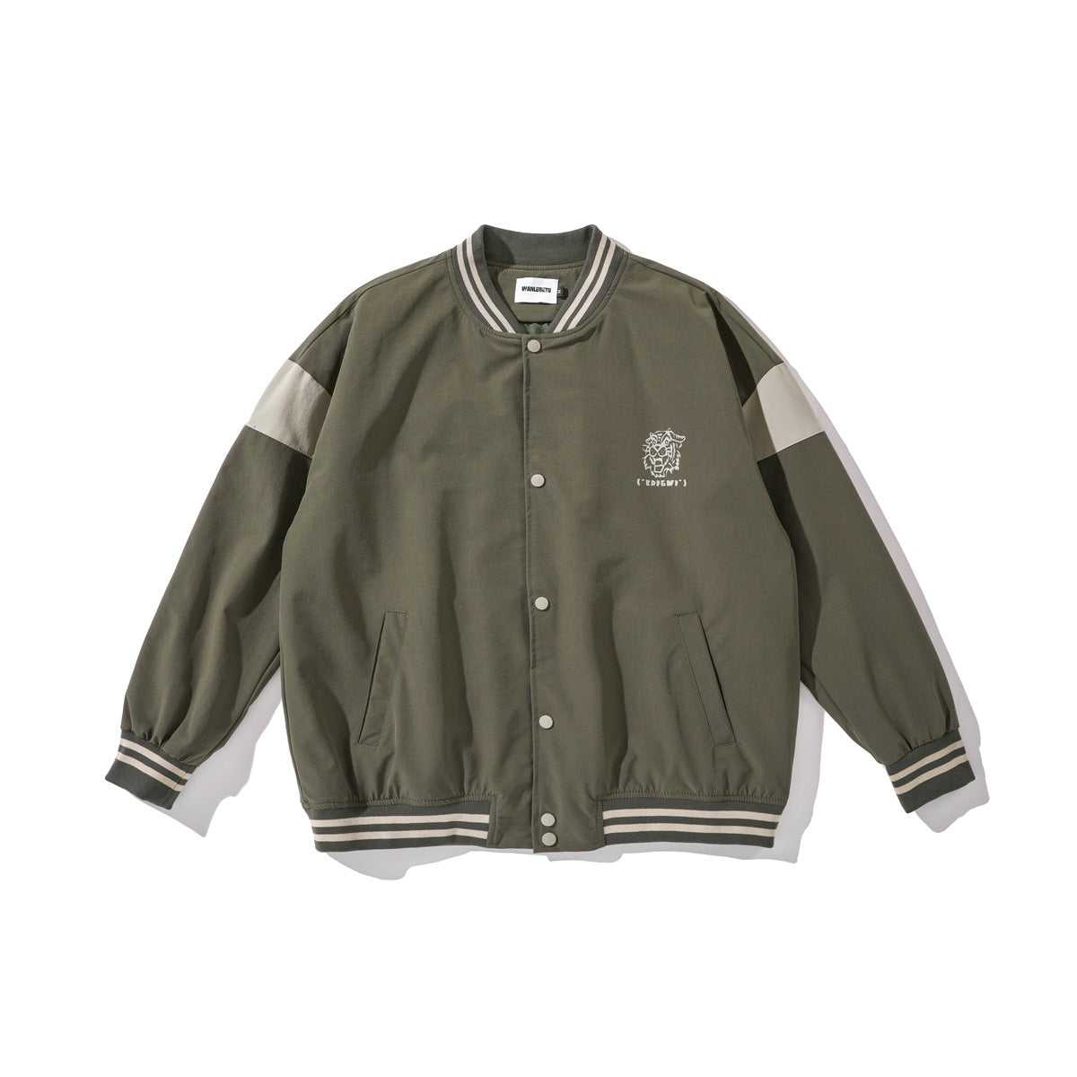 Olive green baseball jacket with cream-striped ribbed trim, beige shoulder panels, snap front and small tiger graphic