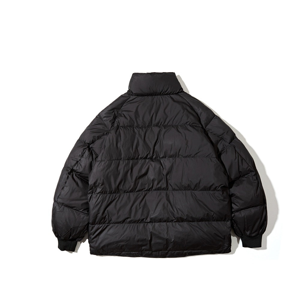 Back view of a black quilted puffer jacket with a high collar, horizontal panels, and ribbed cuffs.