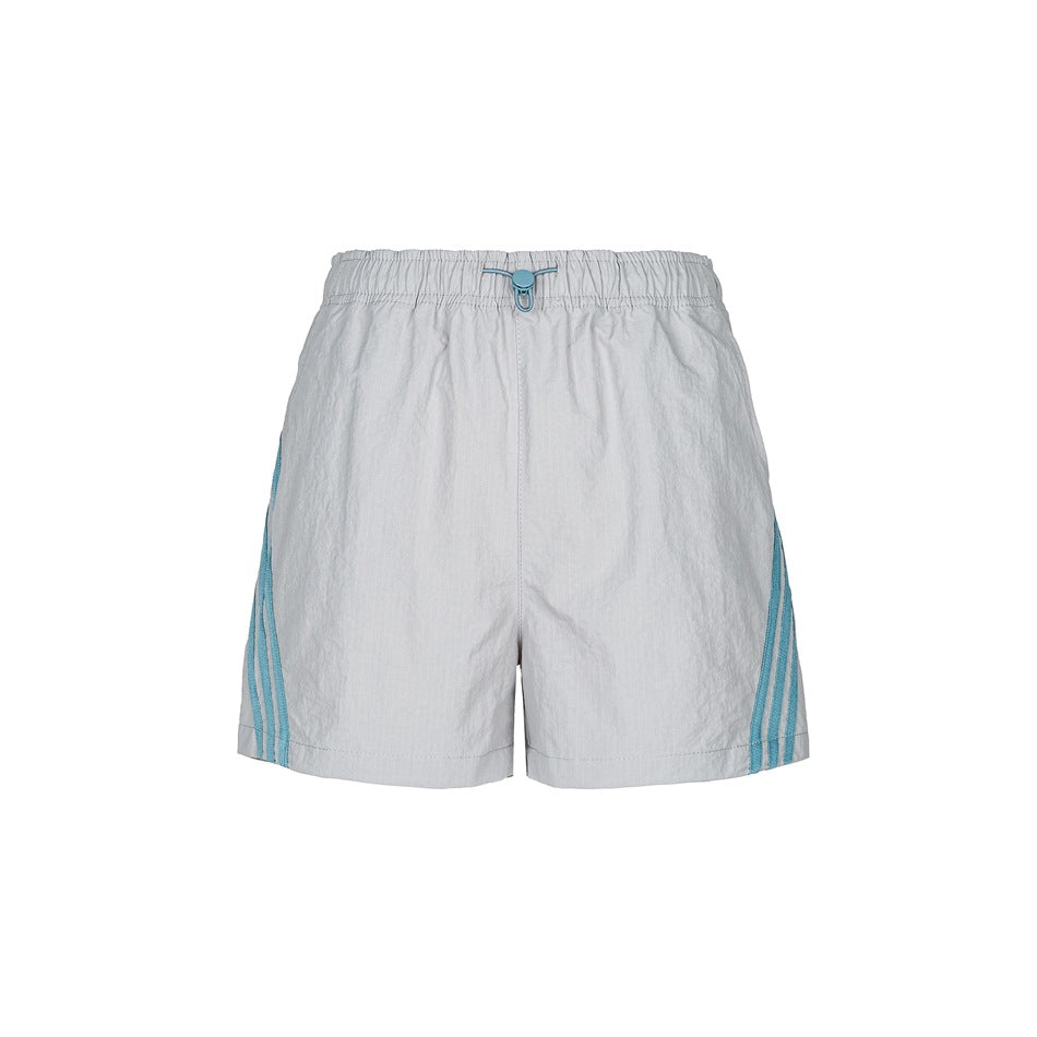 Gray woven shorts with an elastic waistband, blue drawcord toggle and blue diagonal side stripes