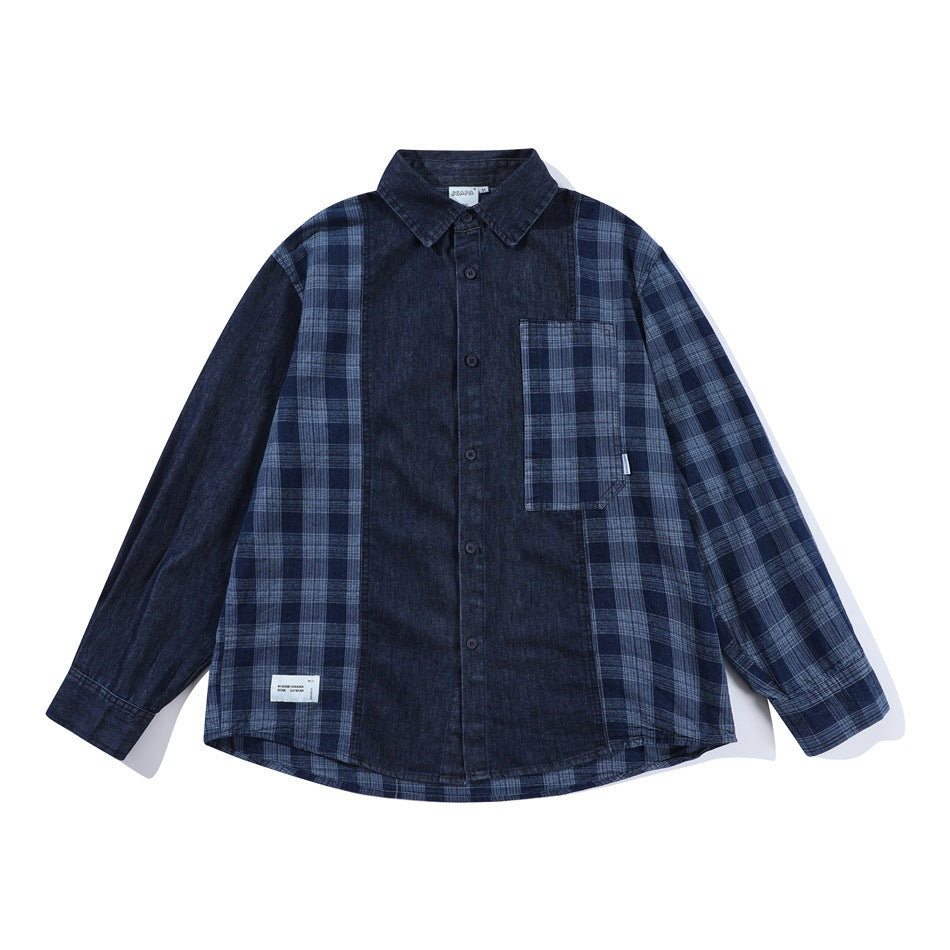 Blue denim and plaid patchwork long-sleeve button-up shirt, front view, flat lay