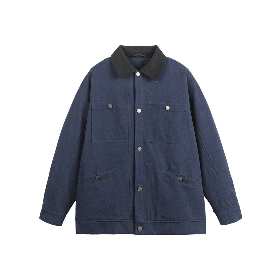 Navy blue button-front jacket with dark contrast collar, chest patch pockets and slanted lower pockets, flat lay front view