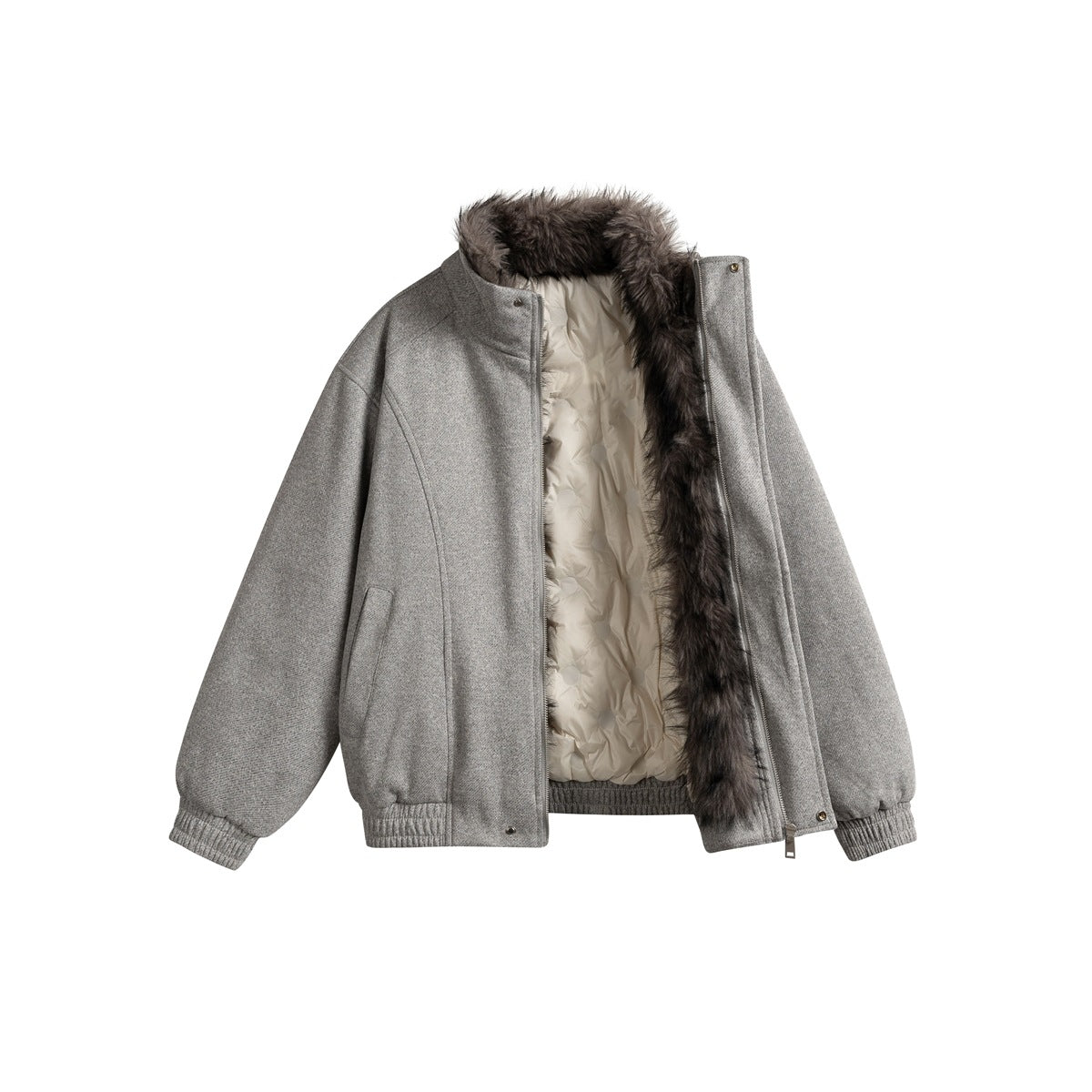 Front view of a gray jacket opened to show its light-colored lining and dark faux-fur trim around the collar and front edge.