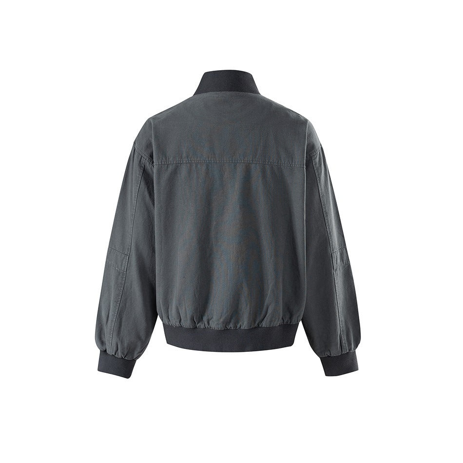 Gray jacket back view with ribbed collar, cuffs and hem, yoke seam and sleeve seam details