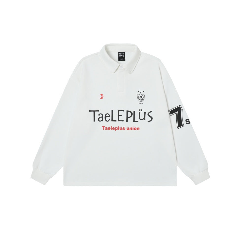 White long-sleeve polo sweatshirt flat lay, front, with chest lettering print, small crest and number 7 on the sleeve
