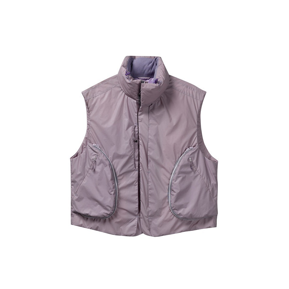 Front view of a mauve sleeveless vest with a high collar, front closure, and two curved zip pockets.