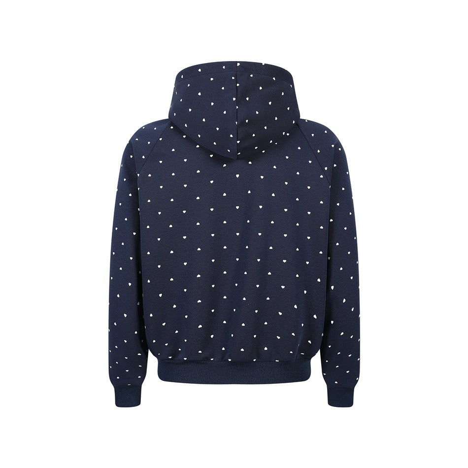 Back view of a navy hooded sweatshirt with small white heart print, ribbed cuffs, and hem.