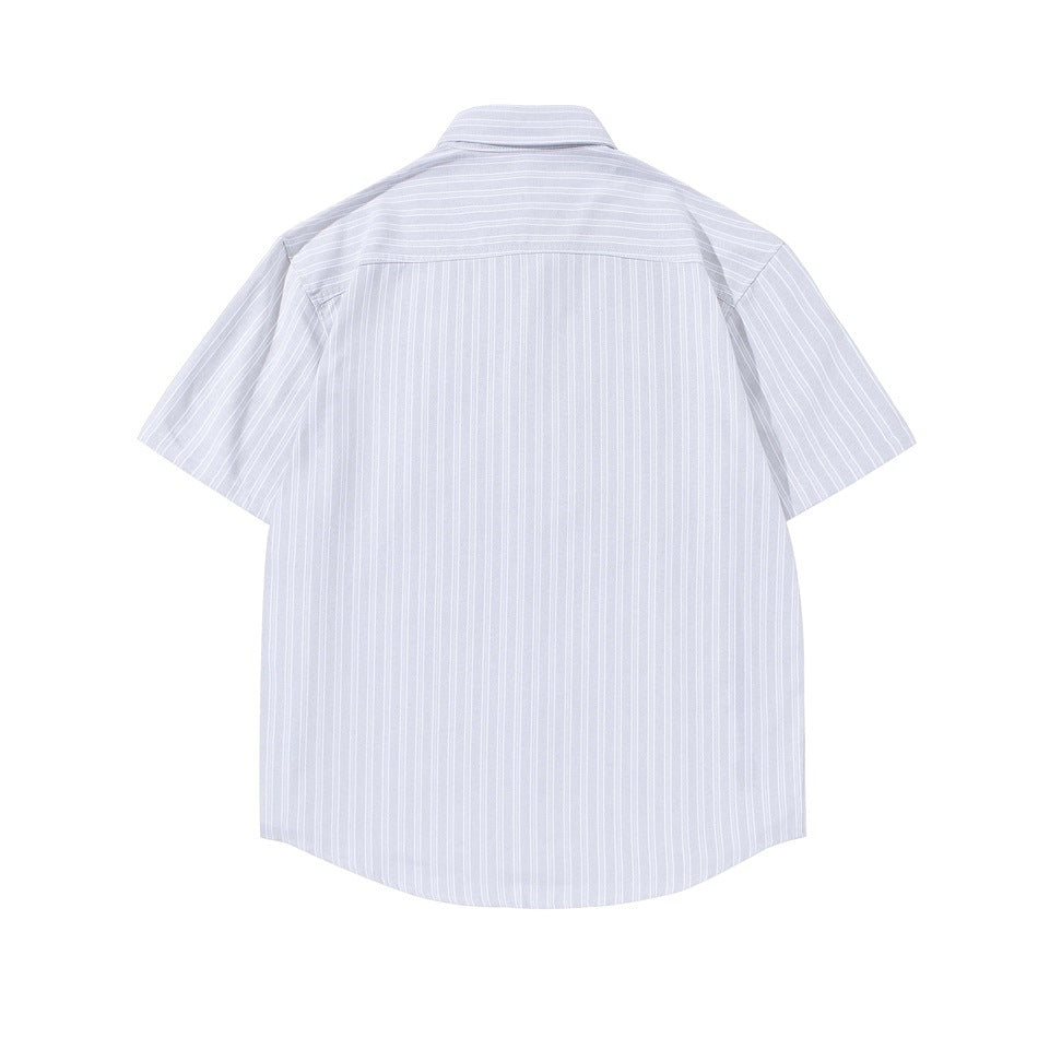 Back view of a pale gray short-sleeve shirt with thin vertical white stripes.