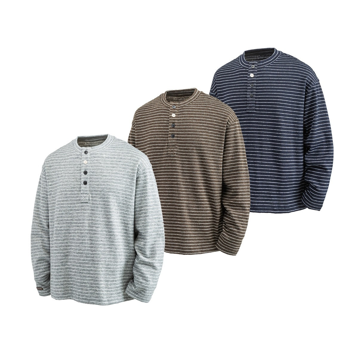 Three long-sleeve striped henley shirts shown front-on in gray, brown and navy, each with a short button placket.