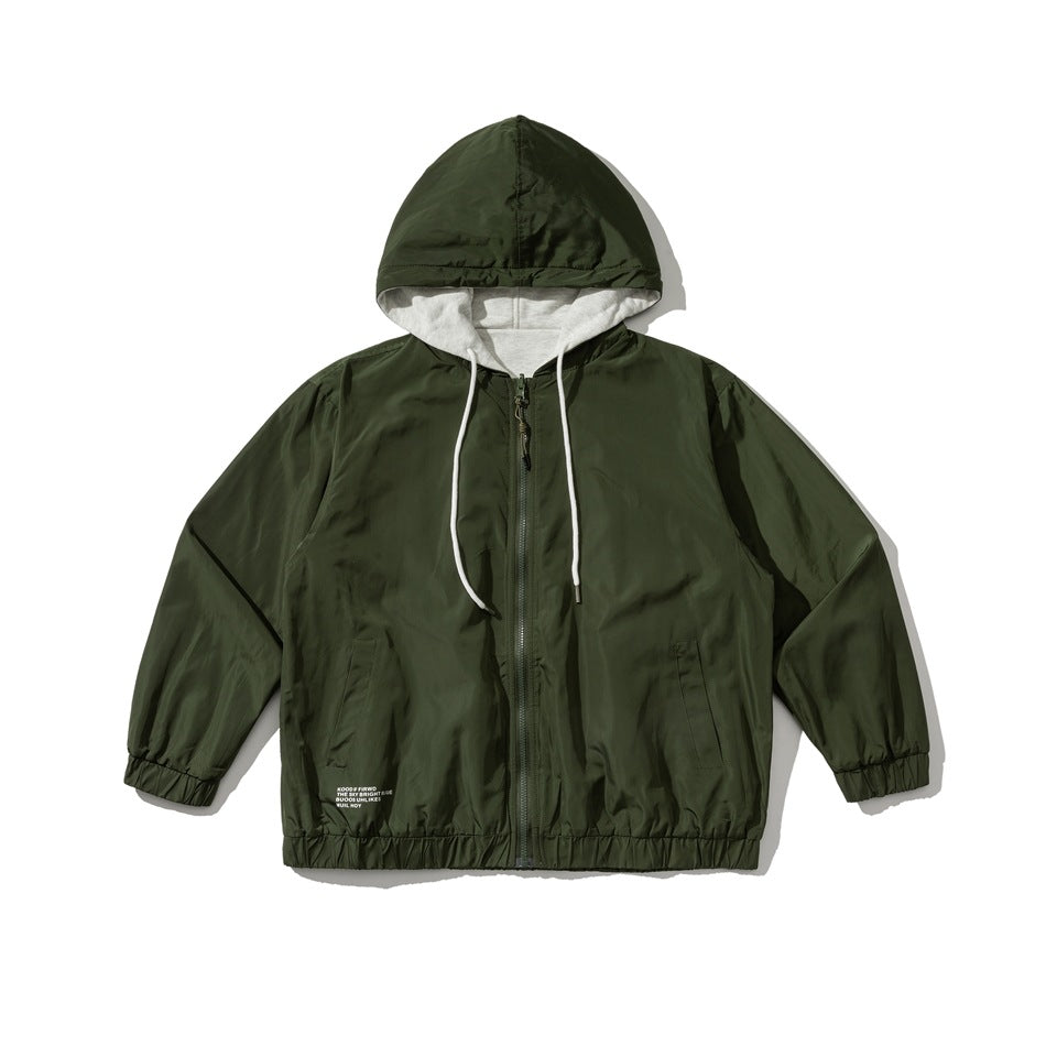 Green hooded zip jacket with glossy shell, white drawstrings, gray hood lining, elastic cuffs and hem, laid flat