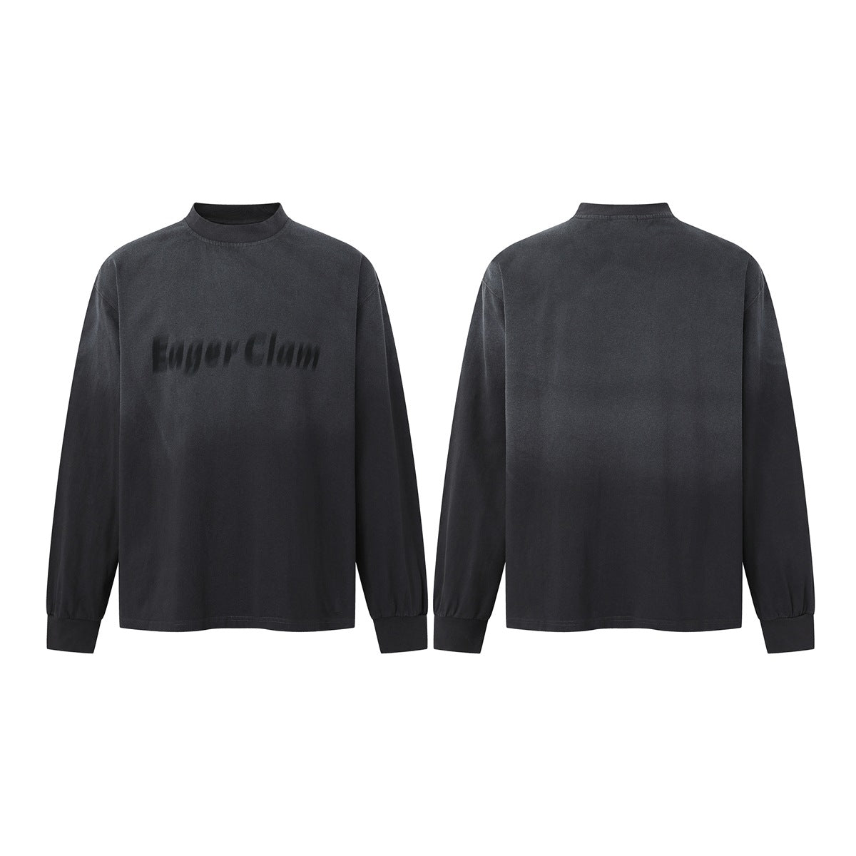 Front and back views of a charcoal long-sleeve crewneck shirt with ribbed cuffs and tonal chest lettering.