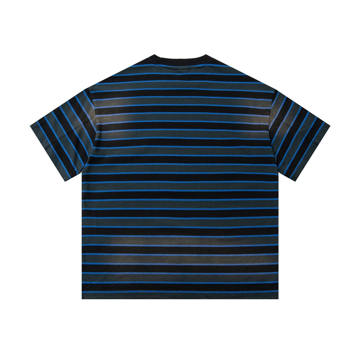 Back view of a short-sleeve crew-neck T-shirt with black, charcoal, and bright blue horizontal stripes.