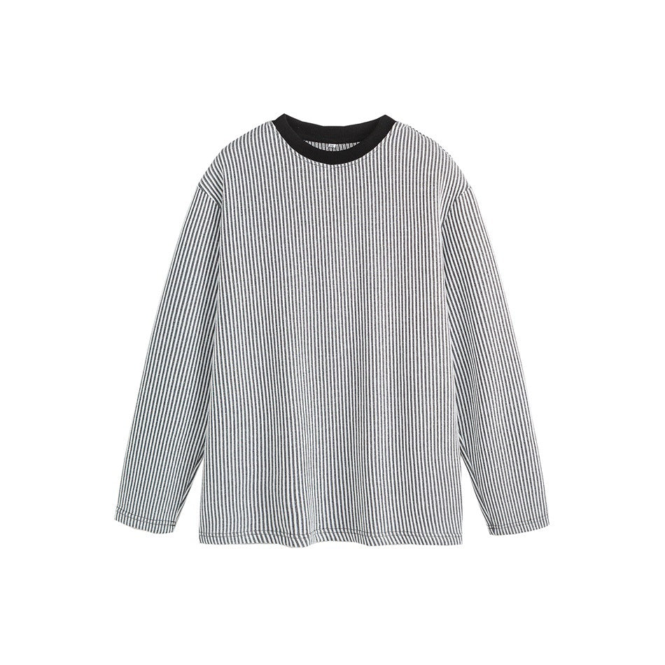 Gray-white vertical striped crew-neck long-sleeve top with black ribbed collar, flat front view