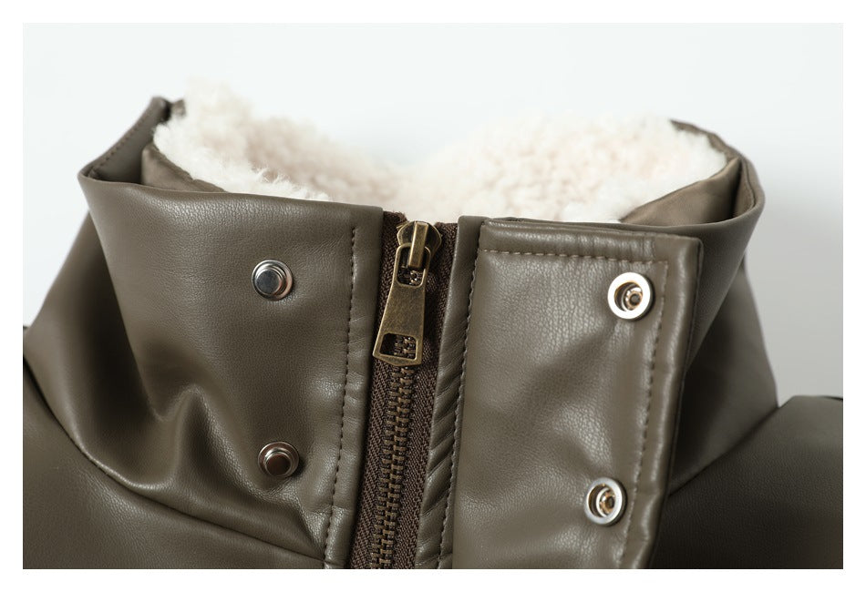 Close-up of an olive-brown jacket collar with cream sherpa lining, a front zipper, and snap buttons.