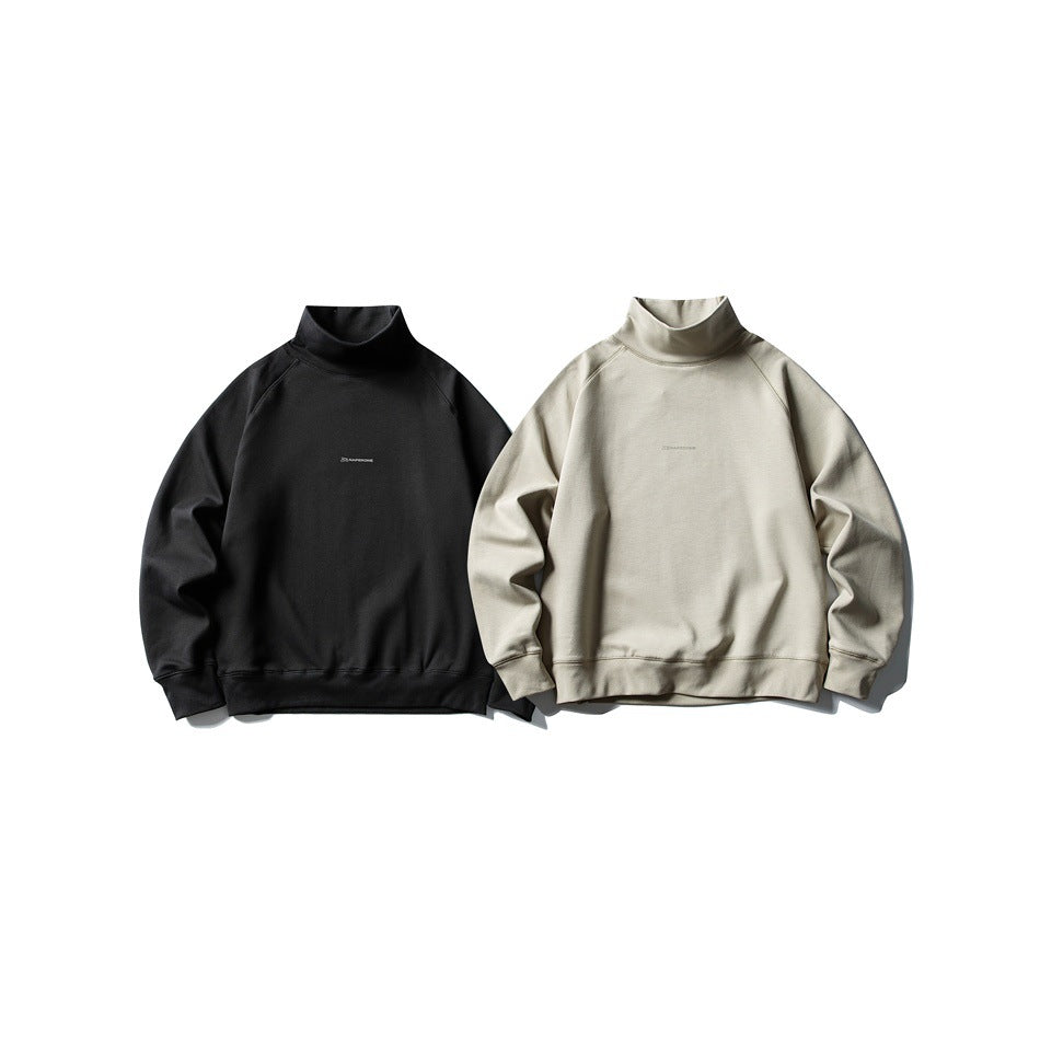 Two high-neck sweatshirts shown from the front in black and light beige, with raglan sleeves and ribbed hems.
