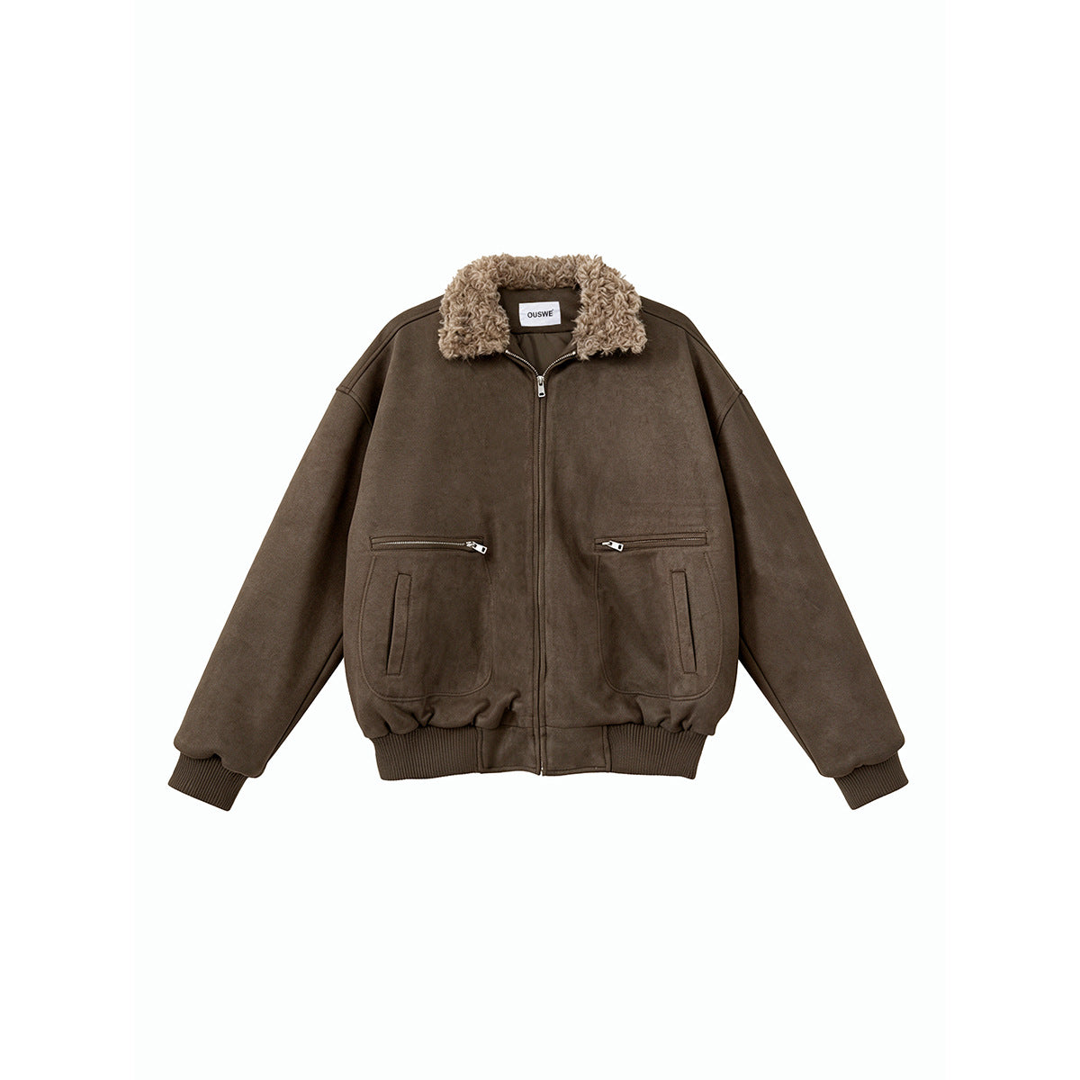 Brown suede-look zip jacket with tan fleece-like collar, zip pockets and ribbed cuffs and hem, flat front view