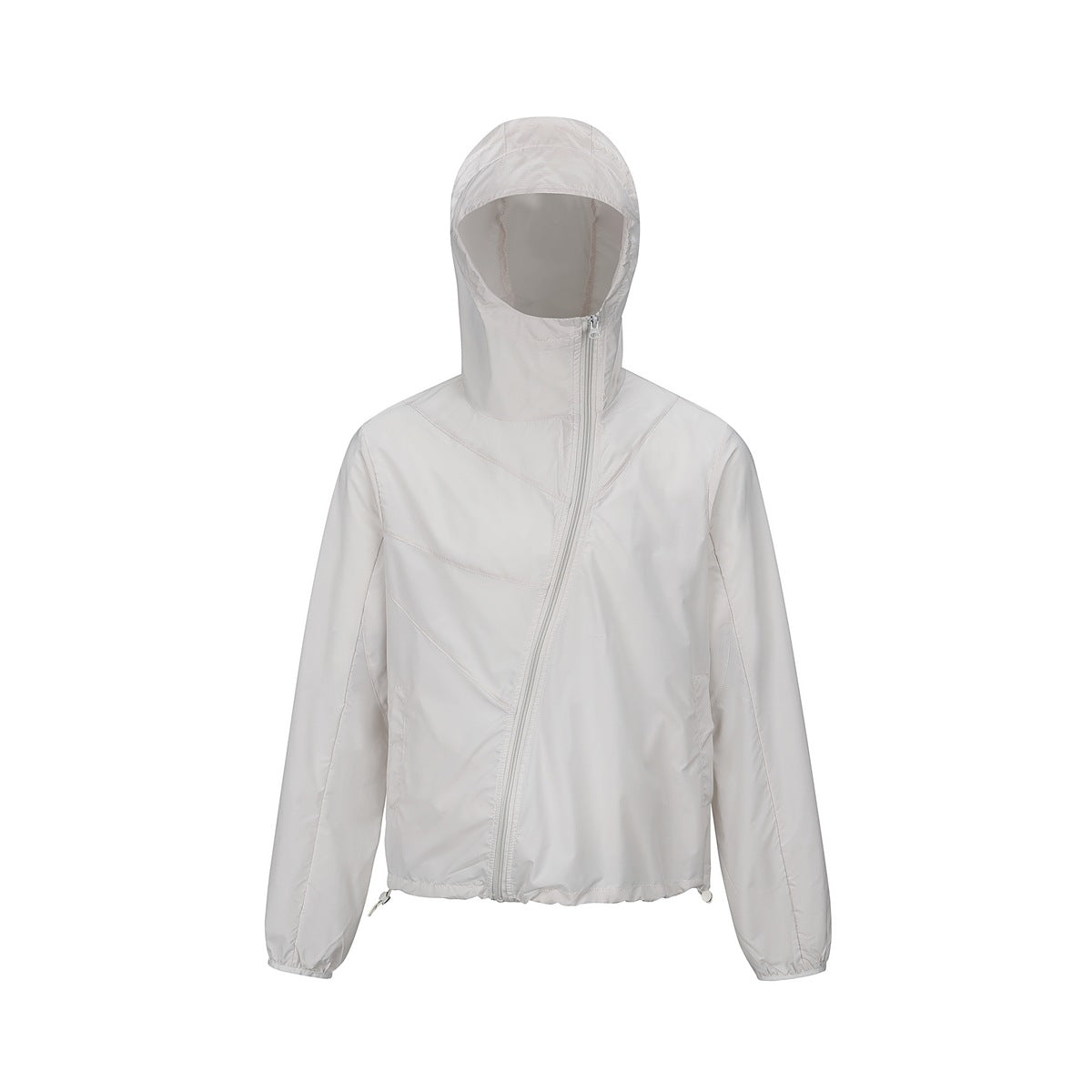 Light gray hooded jacket with diagonal front zipper, paneled seams and drawcord hem, flat front view
