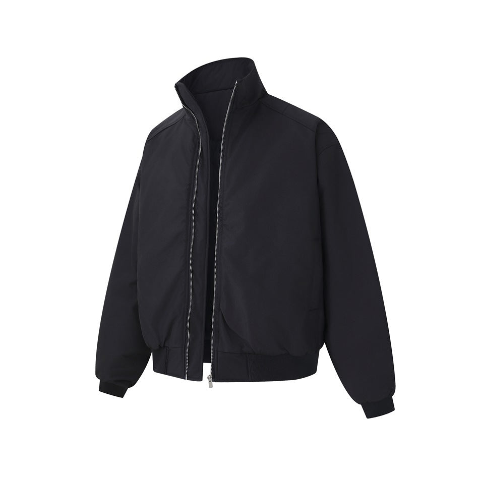Black zip-front jacket with a tall stand collar, long sleeves, and ribbed cuffs and hem, shown from the front.