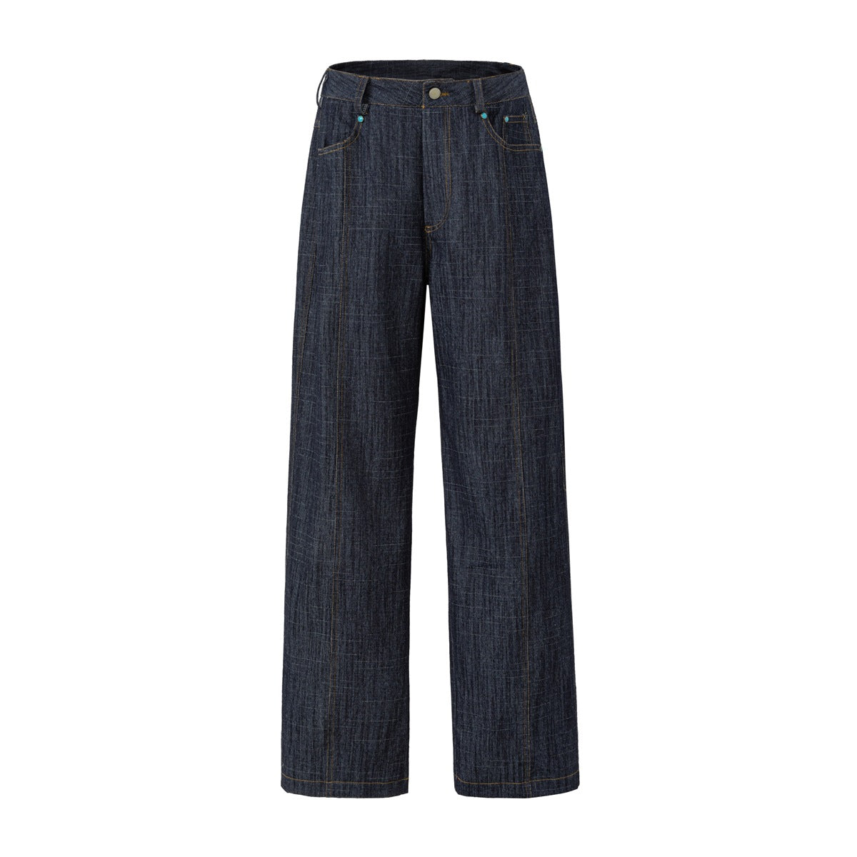 Dark indigo wide-leg textured denim jeans, front flat view with button fly and turquoise rivets