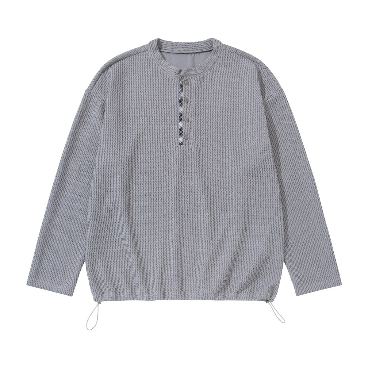 Gray textured long-sleeve henley top with plaid-trimmed button placket and drawstring hem, flat front view