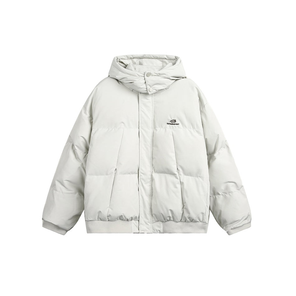 Light green hooded quilted puffer jacket, front flat view, with snap collar tab, ribbed cuffs and hem, and small chest logo