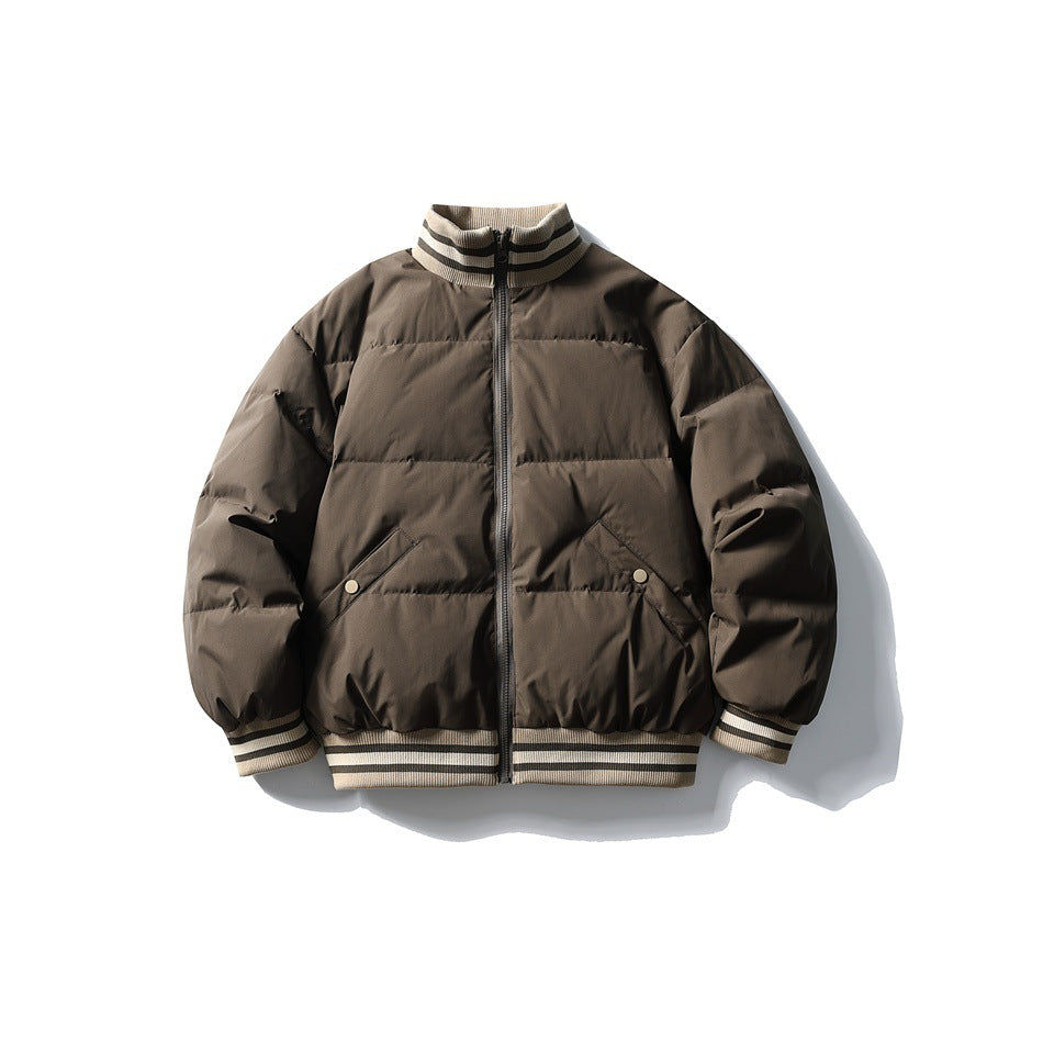 Brown puffer jacket with striped beige ribbed collar, cuffs and hem, flat lay front view
