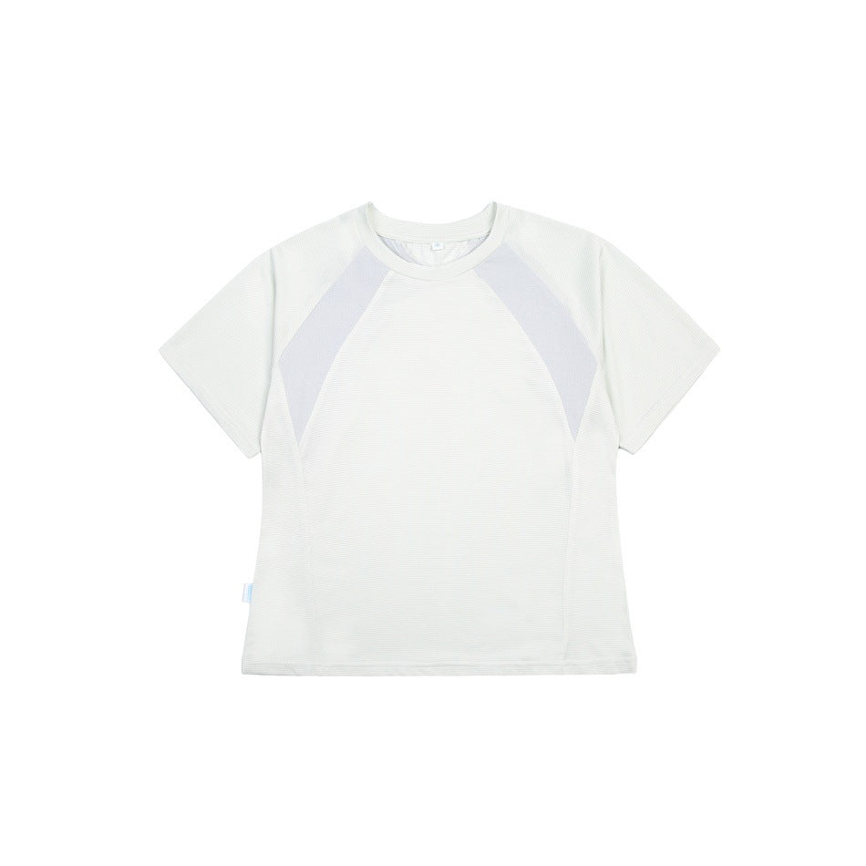 White short-sleeve raglan T-shirt with light gray-blue shoulder panels, flat lay front view