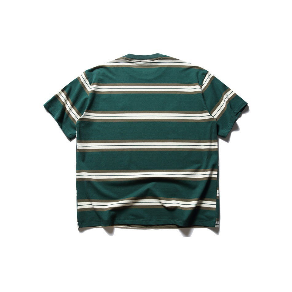 Back view of a dark green short-sleeve T-shirt with horizontal ivory and taupe stripes.