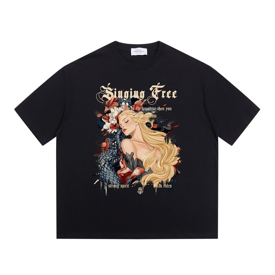 Black short-sleeve crew-neck t-shirt with a woman, flowers and snake graphic and Singing Free lettering