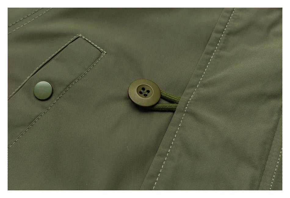 Close-up of the olive parka's button-and-loop fastening and stitched seams.