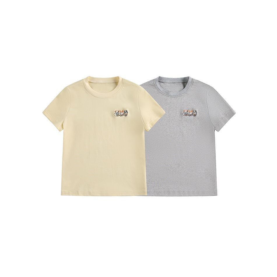 Front view of pale yellow and heather gray short-sleeve crew-neck T-shirts with small embroidered chest designs.